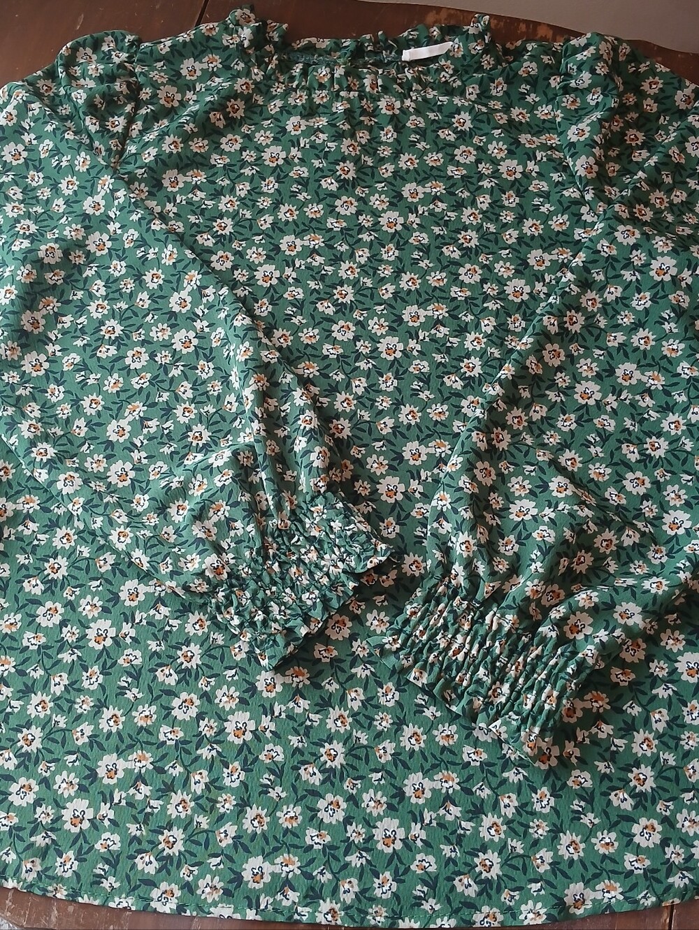Green Floral Long-Sleeve Smocked Cuff Blouse - Green Floral